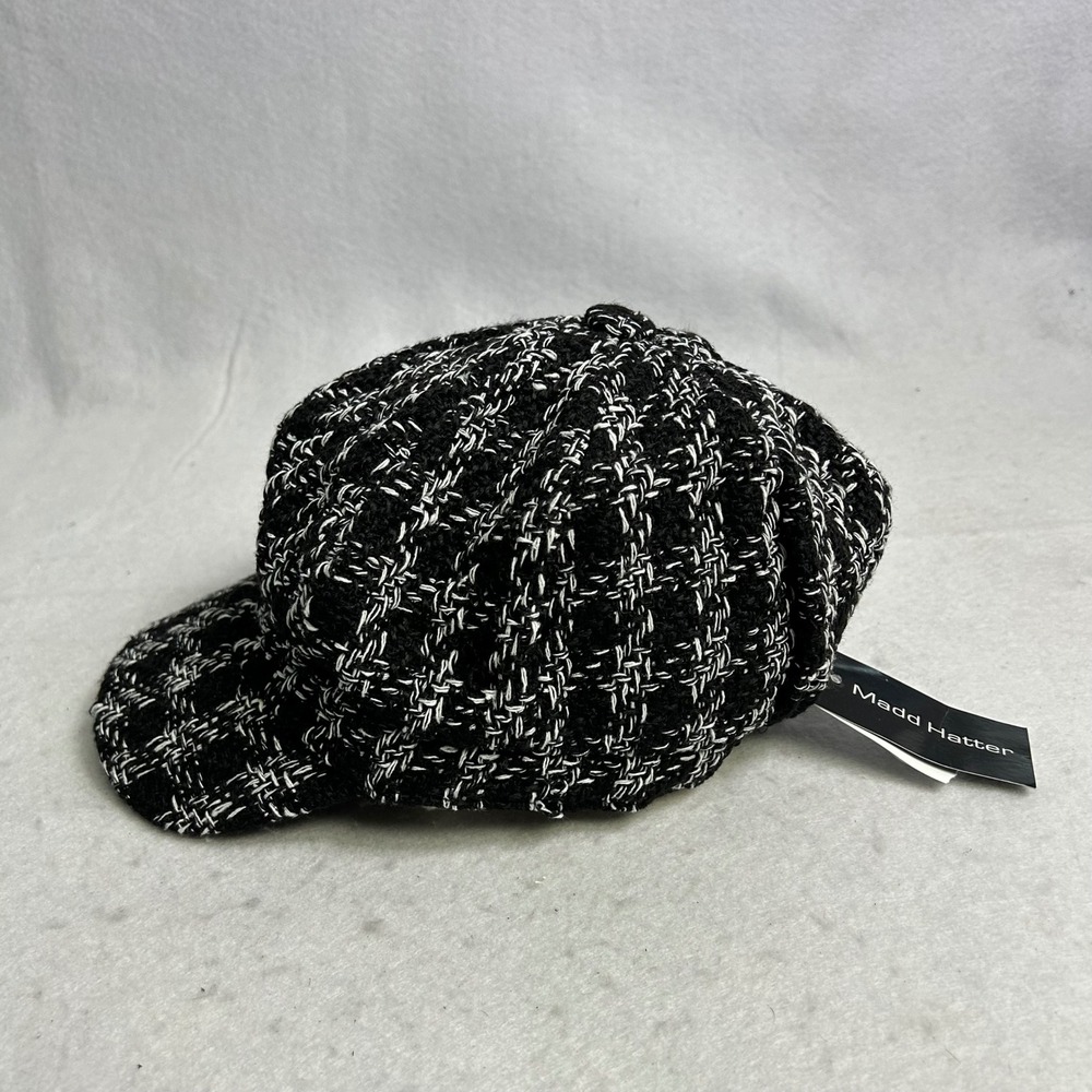 Dark Academia Madd Hatter Womens OS Black‎ White Tweed Boucle Newsboy Cabbie Hat